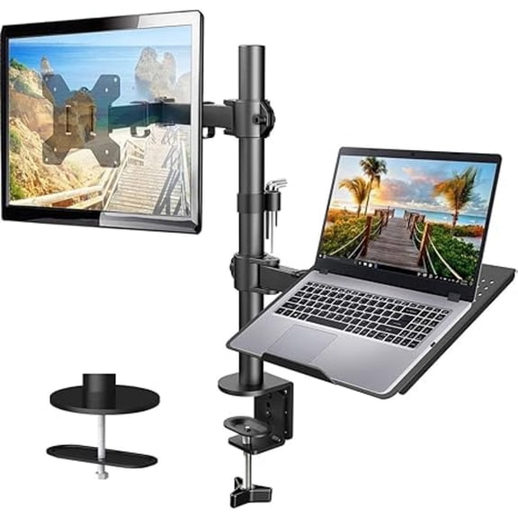 Adjustable Monitor Stand, Single Arm Desk Mount for 32 inch Screen and 17 inch Laptop, Heavy Duty Ergonomic Bracket Holds 22lbs