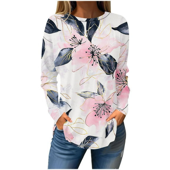 TFEOQRY Women's Floral Print Crew Neck Top Long Sleeve Pullover Casual Loose Fall Fashion Shirt Pink