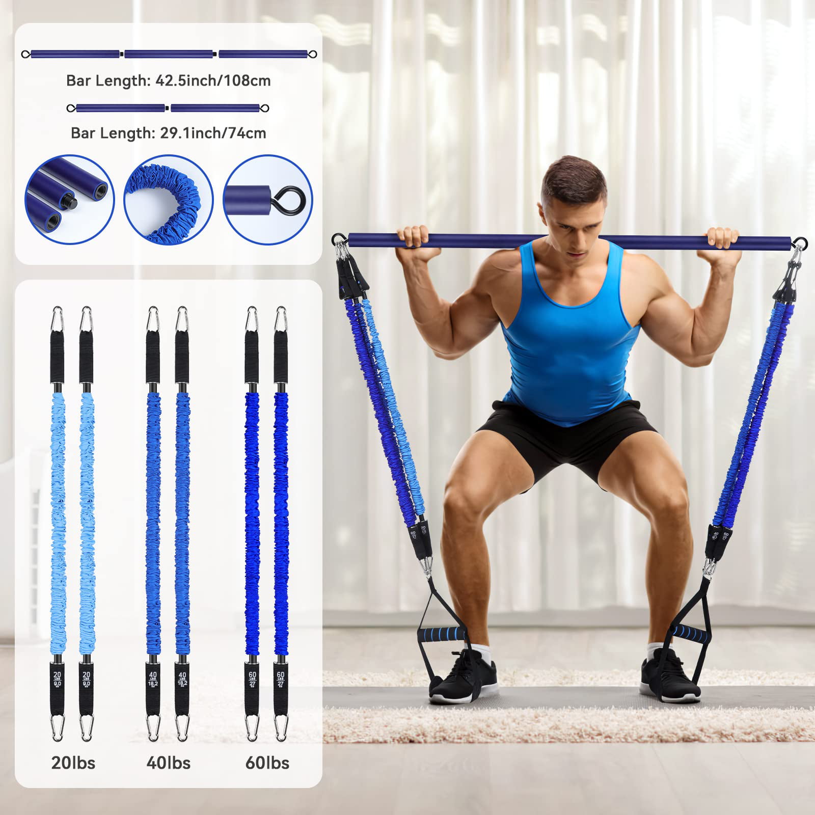 Hommie Pilates Bar Kit, Home Gym Bar Kit with 6 Resistance Bands 20/40/60  lb, Blue 