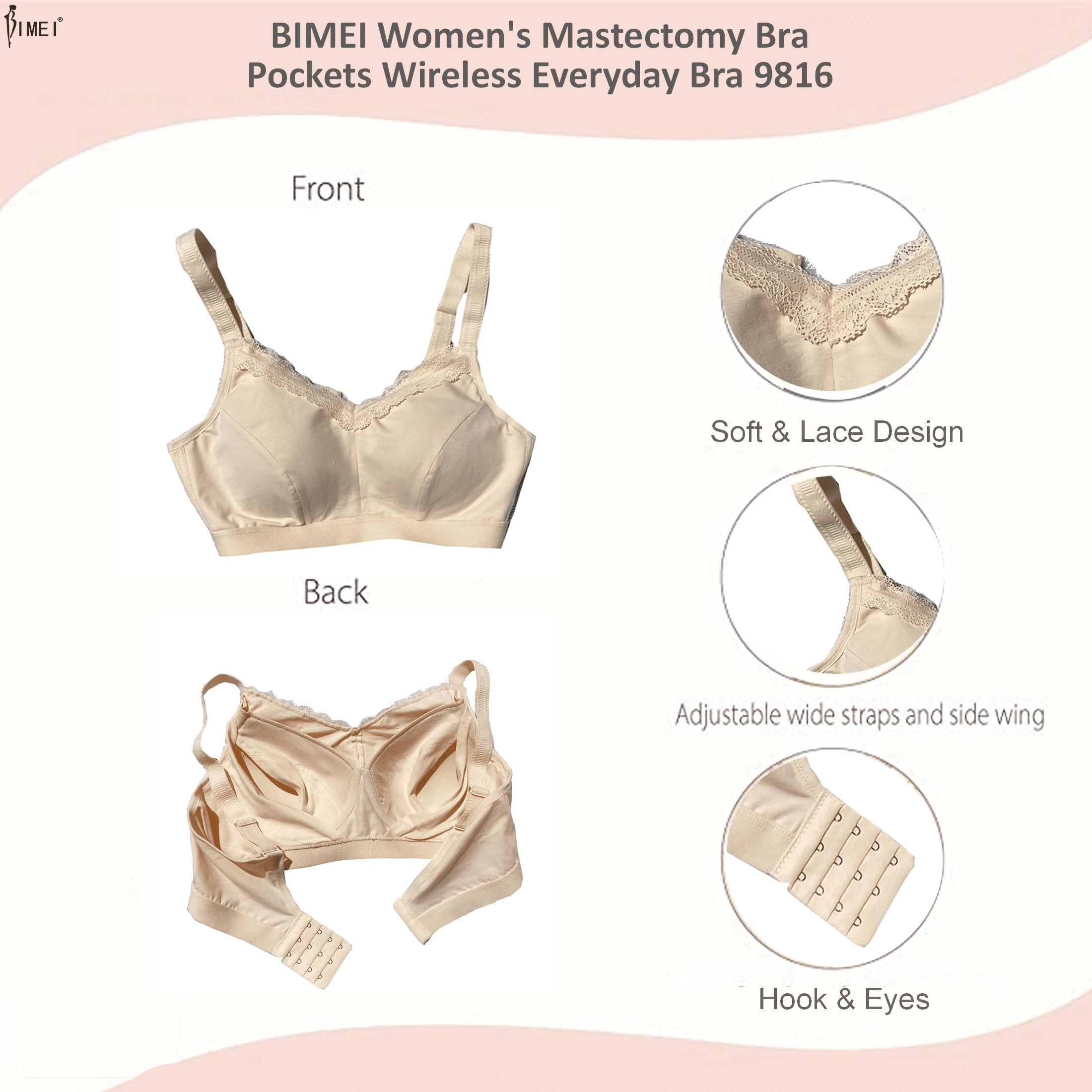 BIMEI Mastectomy Bra with Pockets for Breast Prosthesis Women's Full  Coverage Wirefree Everyday Bra plus size 8102,Beige,38D