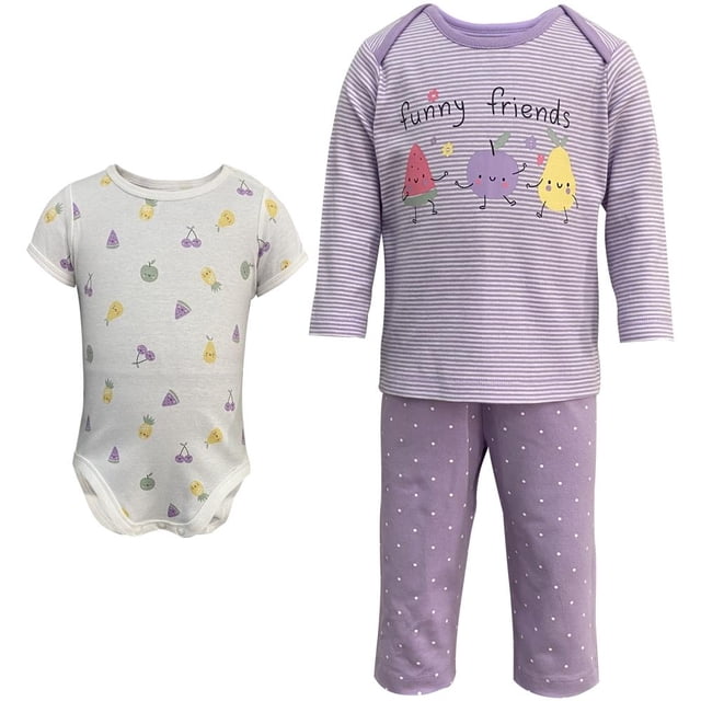 Conjunto George de Tres Piezas Para Niña Talla 12M Color Rosa que incluye pañalero blanco con estampado de frutas, playera morada de manga larga con rayas y diseño de frutas sonrientes con texto 'funny friends', y pantalón morado con puntos blancos, fabricado en 100% algodón suave, ideal para uso diario en primavera.