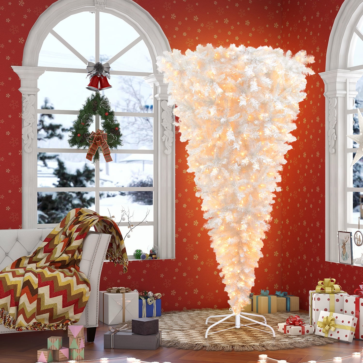 Kadyn Upside Down White Christmas Tree, Xmas Tree with LED Warm White Lights, Pre-Lit Artificial Full Christmas Tree with Reinforced Metal Base & Easy Assembly 6.6ft, w/1,200 Lush Branch Tips, White