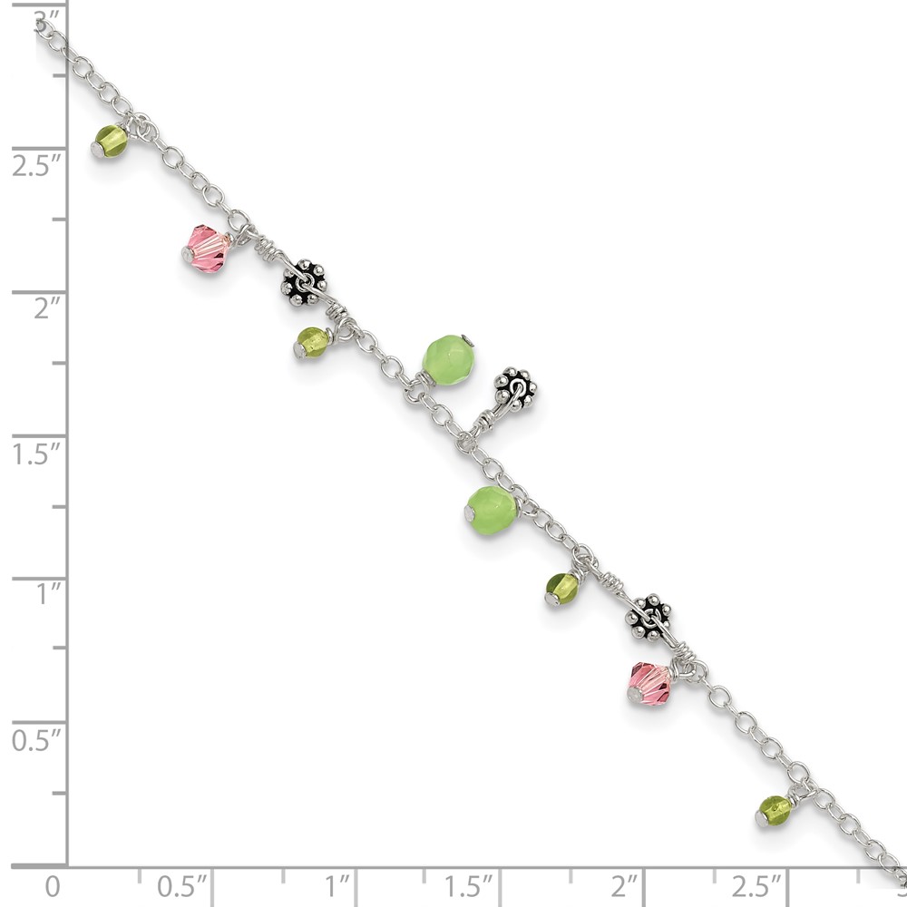Sterling Silver Anklet Crystal 9 inch mm 9in Pink Green Quartz Peridot Beads