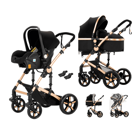 Magiczc Stroller 3-in-1 Travel System with Bassinet and carrycot, Convenient Folding,Unisex, Black Gold