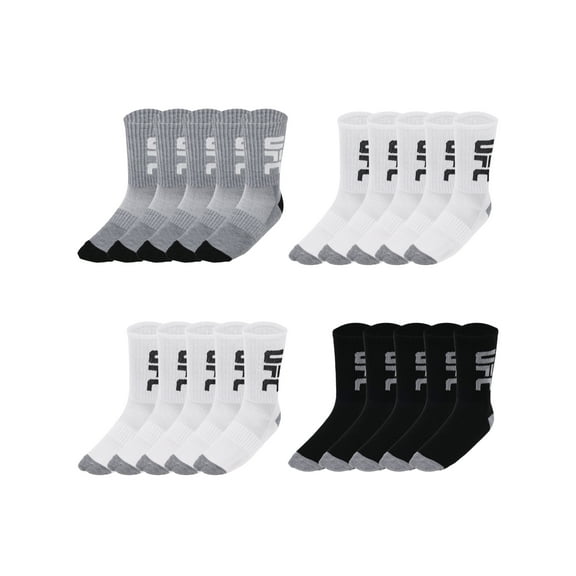 UFC 20 Pair Men's Lightweight Crew Socks with Leg Logo, Blk/Wht/Grey