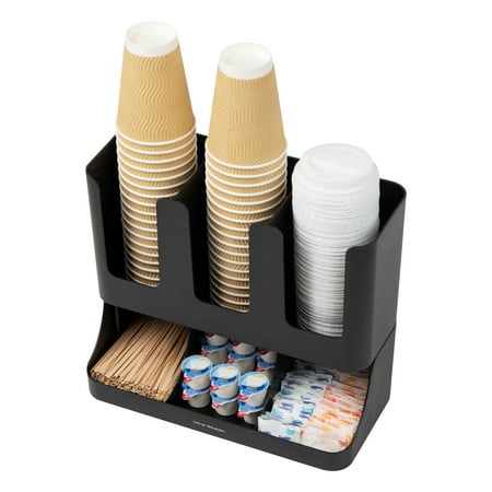 Mind Reader - Cup and Condiment Station, Countertop Organizer, Coffee Bar, Kitchen, Stirrers, 13"L x 6.4"W x 11.5"H - Black