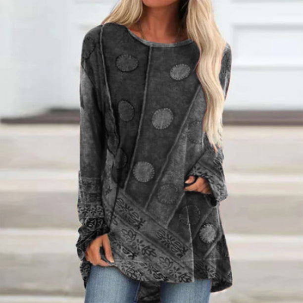 Pntutb Mujer O-cuello Estilo étnico Estampado Casual Manga larga Tallas grandes Moda top Pntutb Pntutb-6127