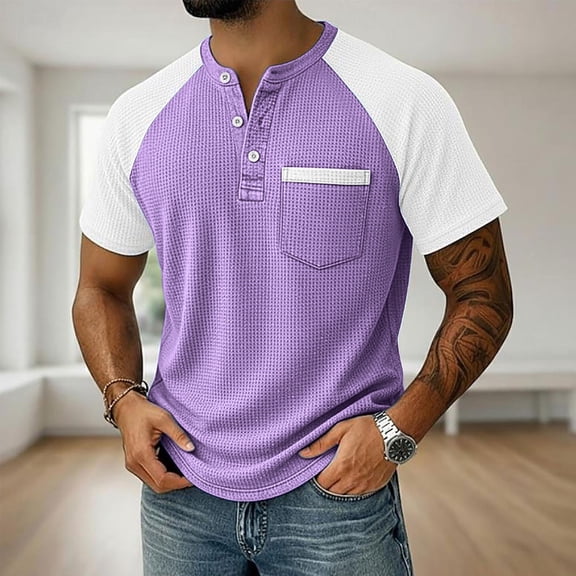Mens Shirts Raglan Short Sleeve Button Tops Summer Casual Loose Fitting Color Block Knit Tee Shirts with Pocket