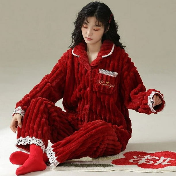 Pijamas rojos grandes de terciopelo Coral para mujer, ropa de dormir cálida de franela para hombre y mujer, ropa de dormir de dos piezas de terciopelo grueso para invierno, 2022