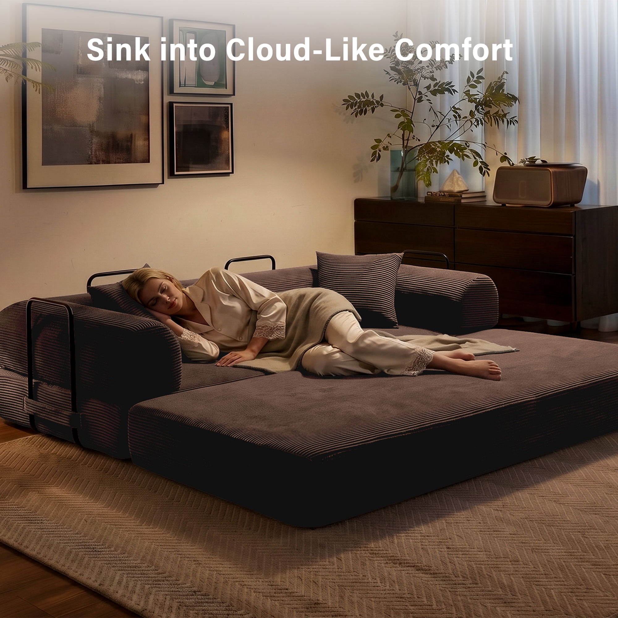 5-in-1 Folding Convertible Sofa Bed, 79" Corduroy Floor Couch Futon, Pull-Out Sleeper Loveseat, Modular Boneless Sofa for Living Room & Bedroom, Brown
