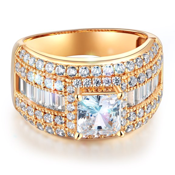 Wellingsale Ladies Solid 14k Yellow Gold Polished CZ Cubic Zirconia Princess Cut Engagement Ring with Side Stones - Size 4