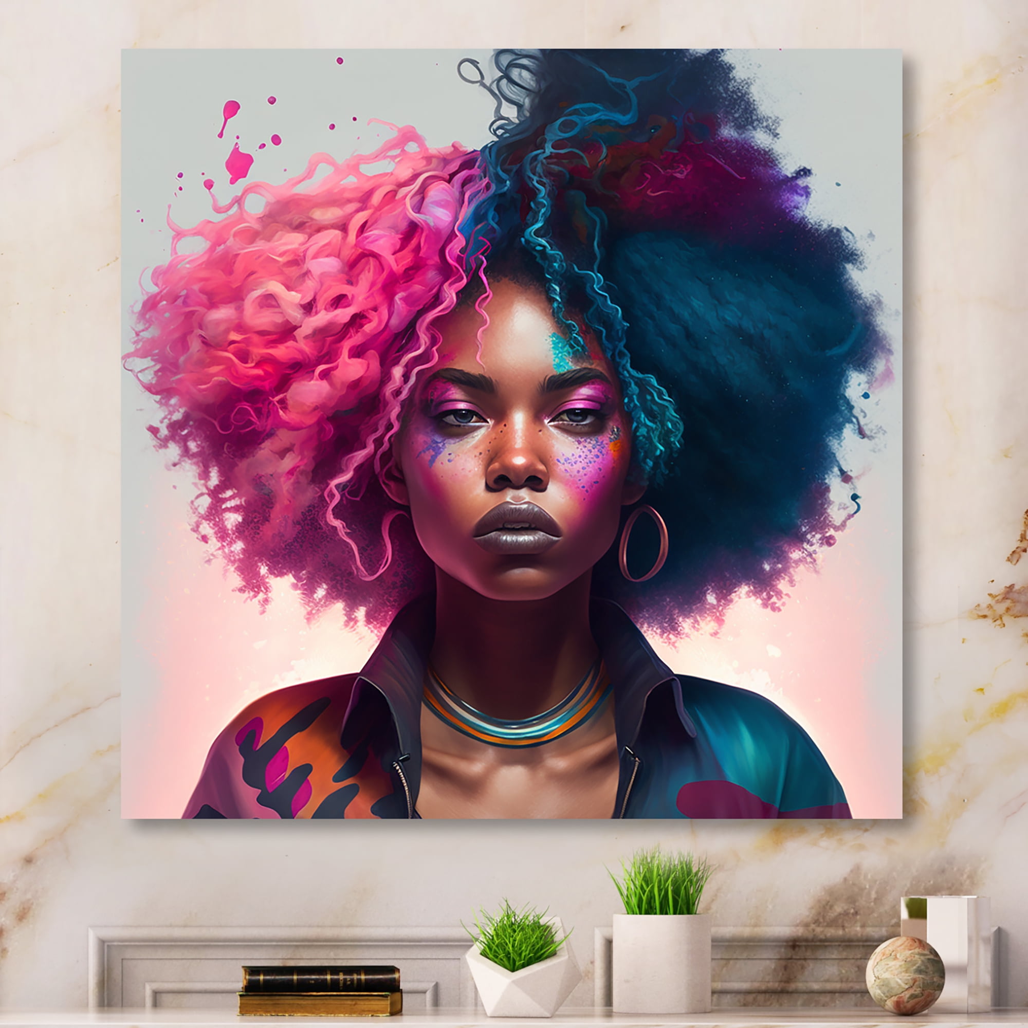 Designart Fashion Hip Hop Girl In Pink And Blue II Canvas Wall Art