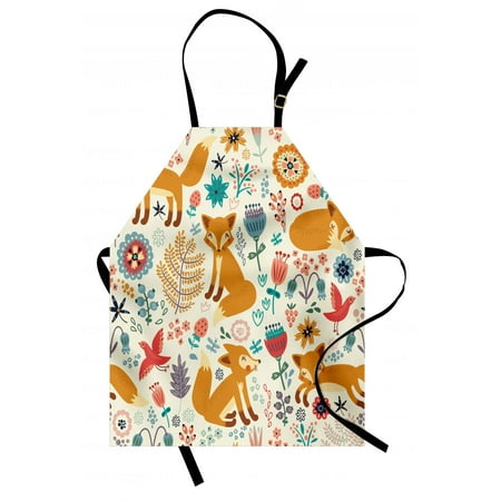 - Fox Apron Natural Wildlife Composition with Cute Foxes Ornate Flowers Flying Birds Kids Nursery, Unisex Kitchen Bib Apron with Adjustable Neck for Cooking Baking Gardening, Multicolor, by Ambesonne