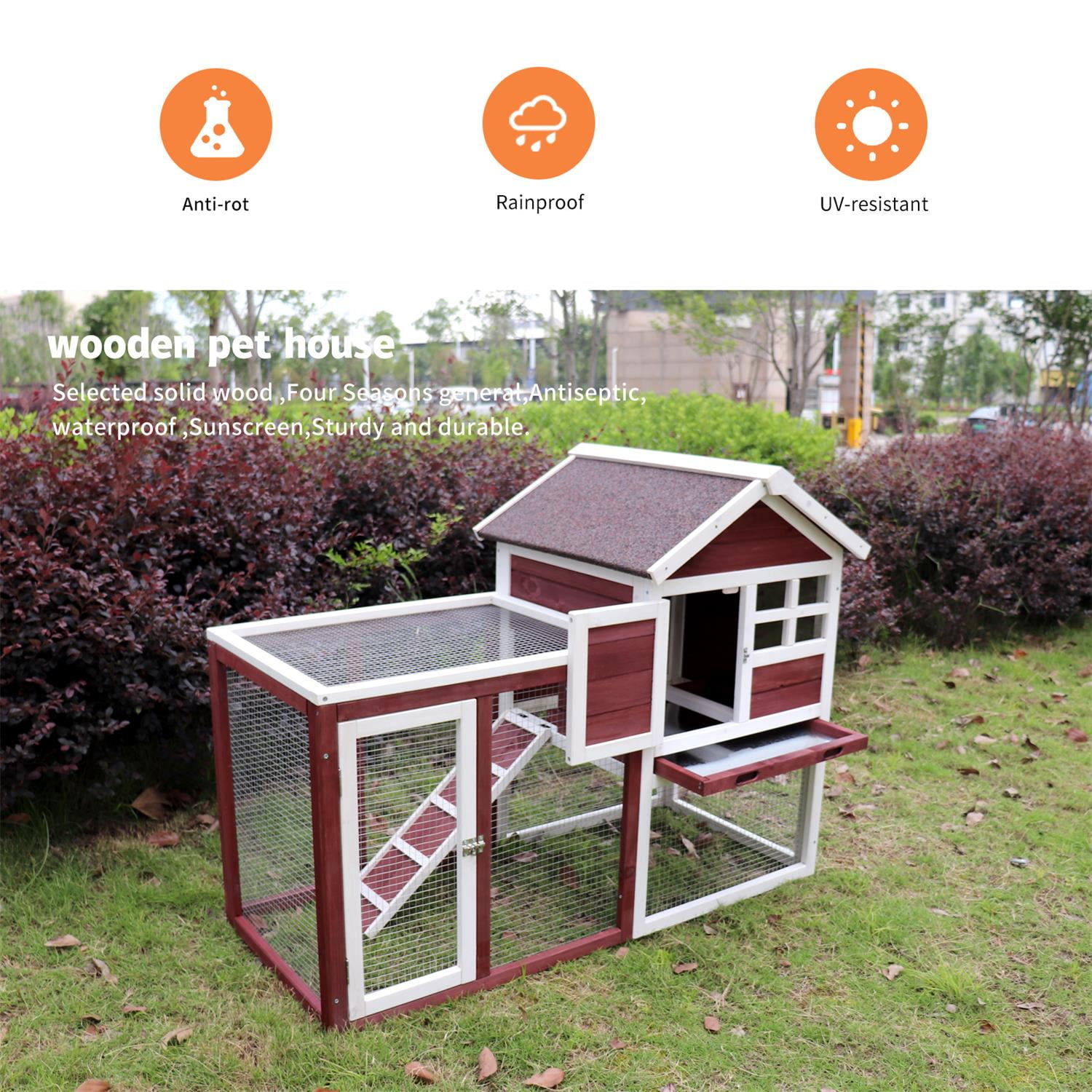 Pefilos 47" Deluxe Wooden Chicken Coop Hen House, Rabbit Wood Hutch, Indoor Outdoor Bunny Cage with Run, No Leak Tray and UV Panel, Wine Red