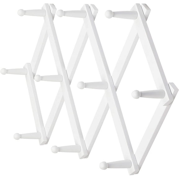 Accordian Wall Hanger: 16” High Wooden Wall Expandable Coat Rack, Hat Rack Holder, Accordion Hook for Baseball Caps, Coats, Mugs, 10 Peg Hooks, White