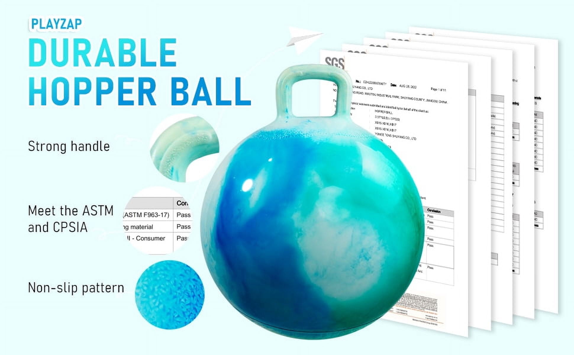 PLAYZAP Hopper Ball, Bouncy Ball with Handle for Kids, 18-inch Hippity Hoppity Hop Bounce Ball Toys, Sit and Bouncing Ball with Pump, Boys Girls Jumping Hopping Ball Gifts -Blue Cloud