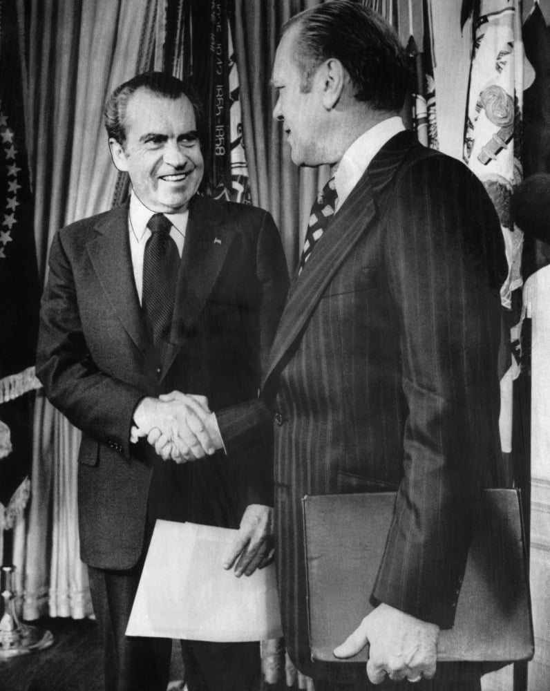 1973 Us Presidency. President Richard Nixon Shakes Hands With New Vice