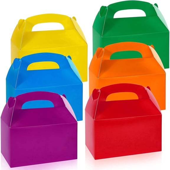 24pcs Rainbow Assorted Bright Color Gable Candy Treat Boxes, Colored Party Favor Goodie Gift Boxes With Handle for Birthday, Wedding, Baby Shower - 6.2x3.5x3.4In