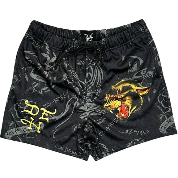 Ed Hardy Men's Panther Gold Metallic Foil Logo Double Ply Mesh Shorts (Small, Black)