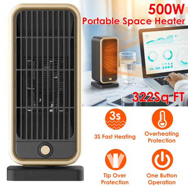 Indoor Portable Ceramic Space Heater, Ceramic Space Heater, Overheat & Tip‑Over Auto Shut‑Off, Lightweight Desktop Heater for Home, Bedroom and Office Spaces