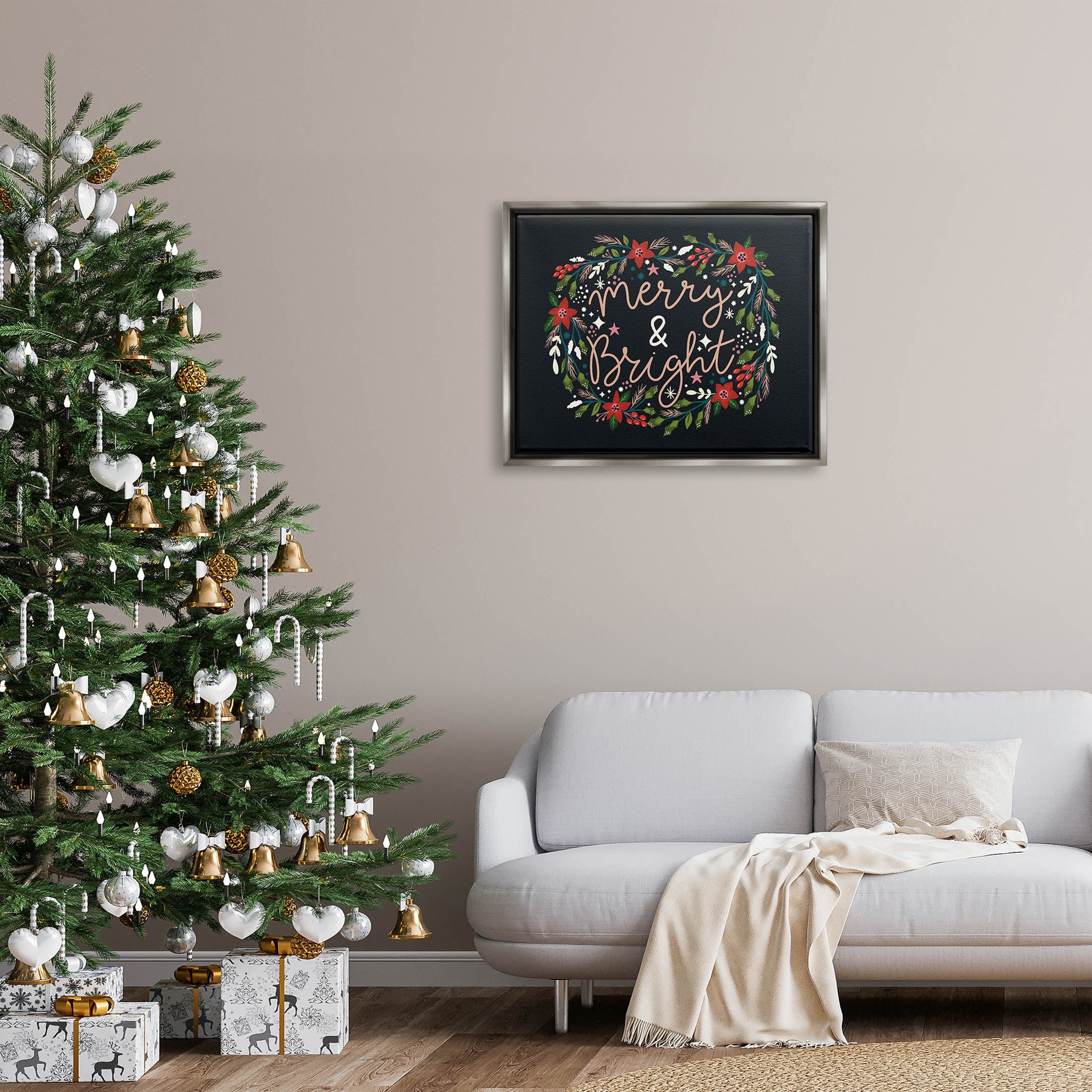 Merry & Bright Poinsettia Wreath Holiday Graphic Art Luster Gray Framed Art Print Wall Art