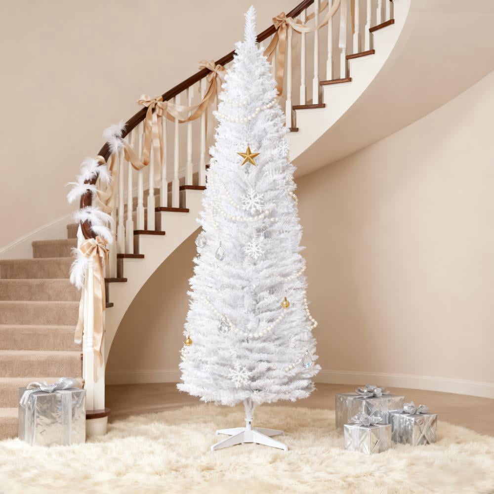 7ft Unlit White Pencil Christmas Tree 499 Tips Easy Assembly Plastic Base Small Space Holiday Decor