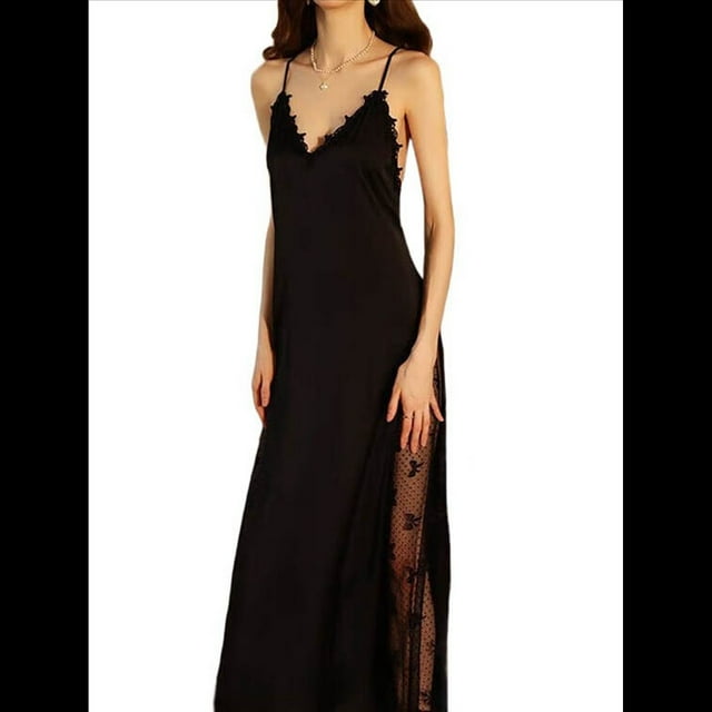 Vestido Informal Sin Mangas con Escote en V y Tirantes para Mujer, Camisón de Satén, Ropa de Casa. Negro L