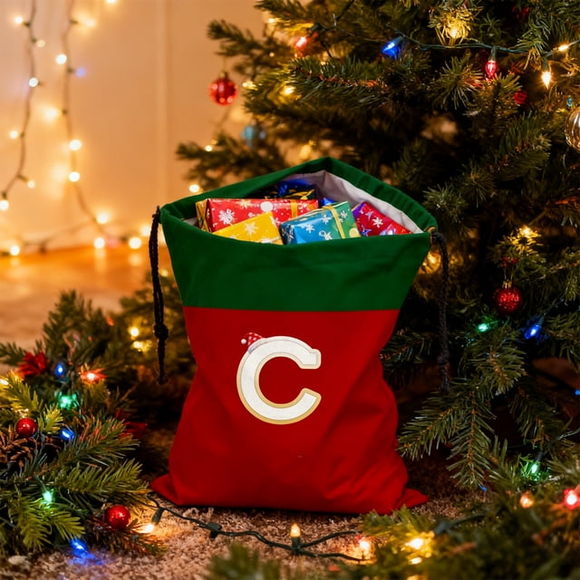 Christmas Gift Bag 26 Letters Red Drawstring Polyester Tote 12X15 Inch Holiday Storage Pouch | Reusable Xmas Candy Sack Decorative Gift Wrap Bag for Presents or Tree Ornament