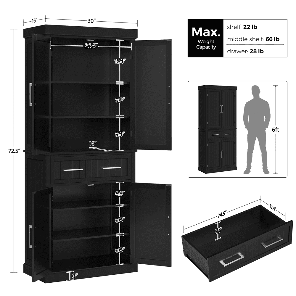 Renwick Freestanding 72.5'' Pantry Cabinet with Doors and Adjustable Shelves, Black