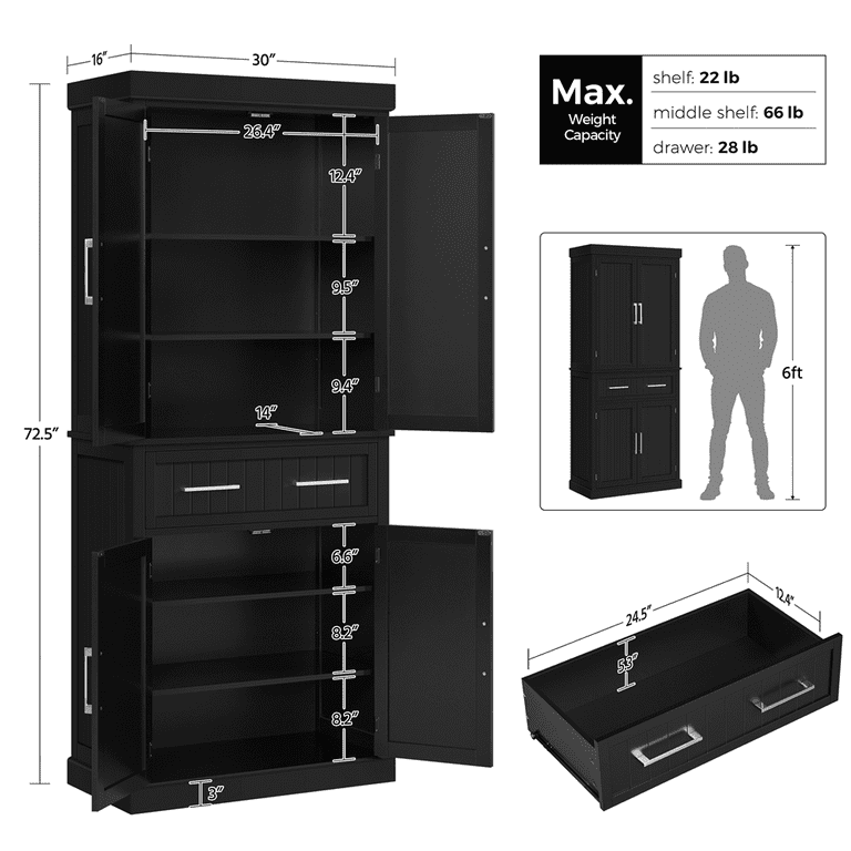 Black Pantry Organizer with Two Glass Door, Two-Tier Storage Cabinet