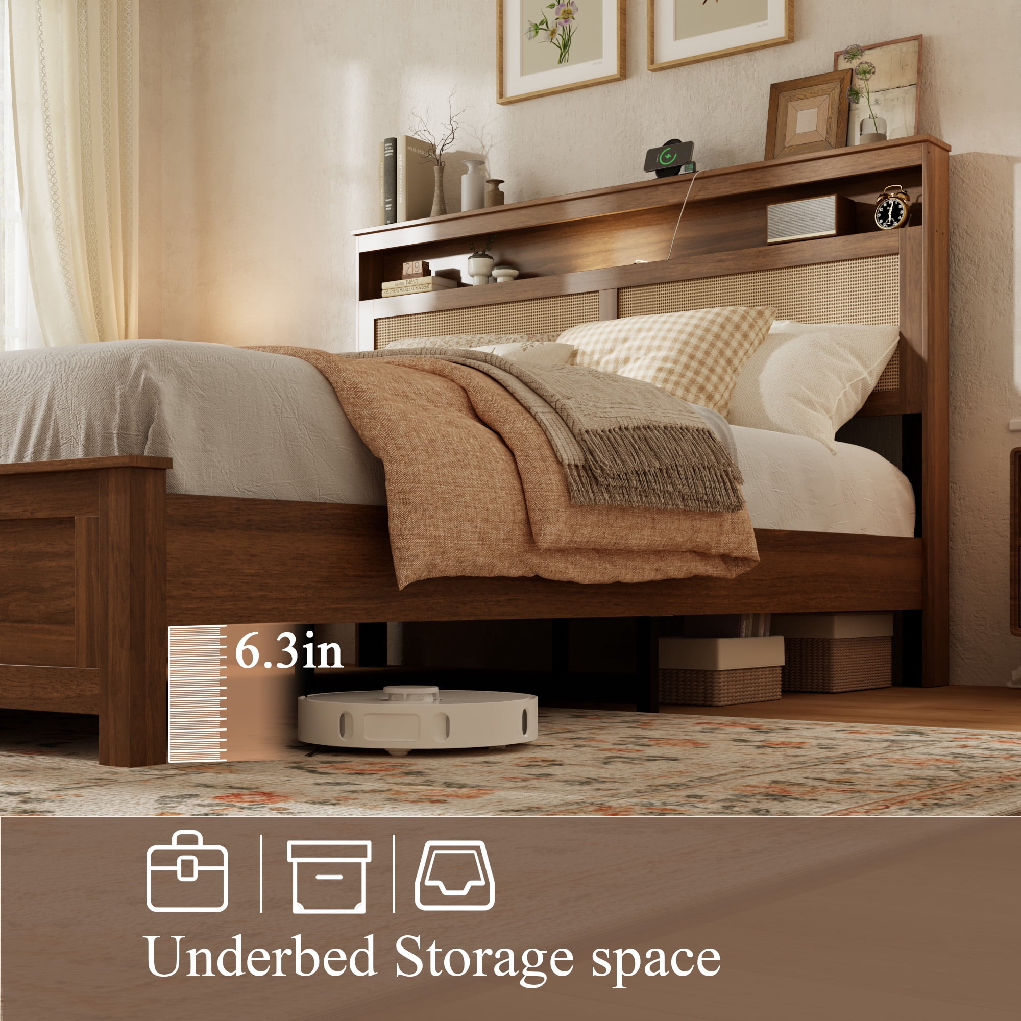 Queen Bed Frame 86.02 Inch, Rattan Headboard with Built In LED Reading Light and Storage Shelf, Modern Farmhouse Platform Bed, No Box Spring Needed, Brown