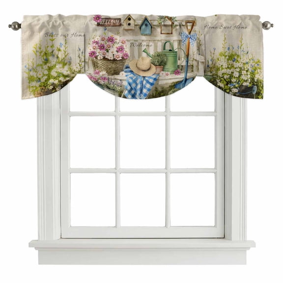 Tie Up Valances for Windows, Spring Daisy Adjustable Valance Curtains Window Treatment for Living Room, Flowers Farmhouse Leaves Floral Pots Country Retro Rod Pocket Kitchen Curtains 42x18 Inch