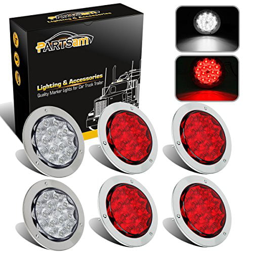 Hardwired with Chrome Bezels Partsam 4Pcs 4 Round Led Trailer Tail Lights 15 LED Flange Mount 2 Red + 2 White 2Pcs Round Led Backup Reverse Lights 2Pcs Red Round Stop Turn Tail Lights