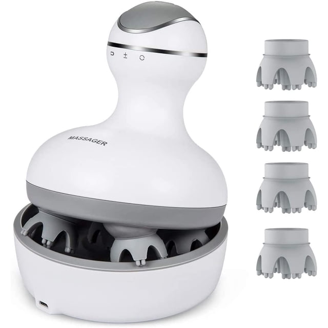 Masseur de Cuir Chevelu avec 4 Têtes de massage de Rechange, Doté de 28 Nœuds Individuels et d'Une Technologie de Pétrissage 3D en Profondeur pour une stimulation Efficace du Cuir Chevelu. l'Appareil portable Blanc et Gris Est Ergonomique et Conçu pour s'Adapter au Cuir Chevelu, Favorisant la relaxation, le Soulagement du stress et une Meilleure circulation Sanguine. Comprend Quatre Têtes de massage Détachables Exposées à Côté du Masseur.
