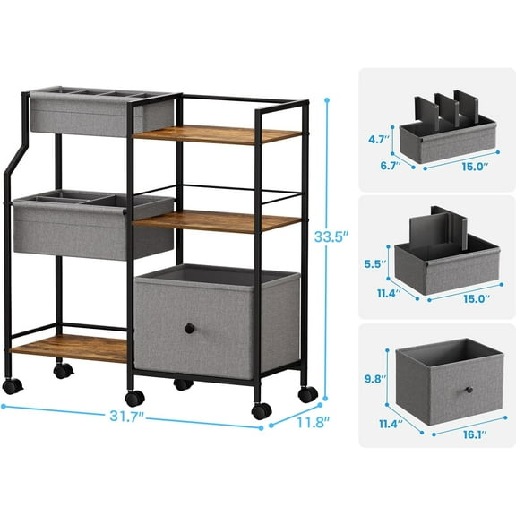 3 Tier Rolling Cart Organizer - Sturdy Wooden Book Shelves, Soft-Sided Fabric Bins, Mobile Storage Cart for Home, Office, Kitchen & Bedrooms