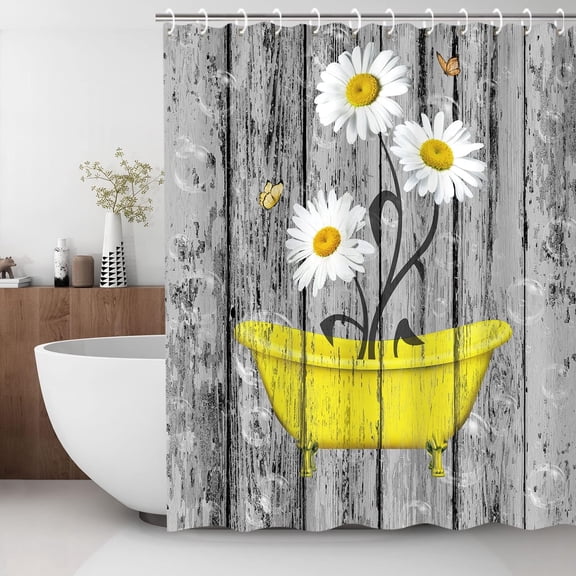 Rustic Shower Curtain, Daisy Shower Curtain, Farmhouse Floral Shower Curtain, Barnwood Country Shower Curtain, Gray and Yellow Shower Curtain with Hooks Waterproof Fabric 72W x 72H Inches