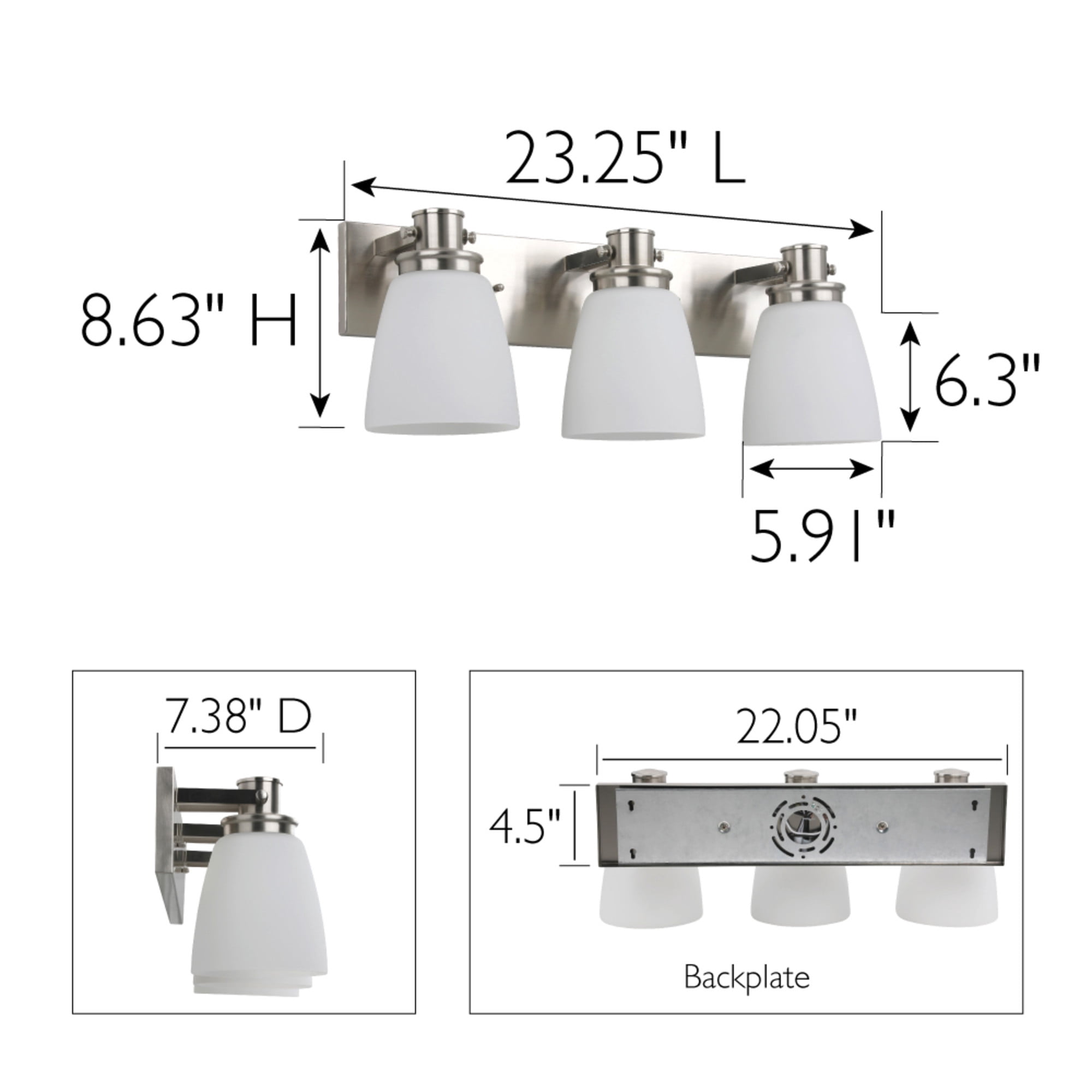 Marcell 23.3 in 3-Light Satin Nickel Vanity Light with Frosted Glass Shades