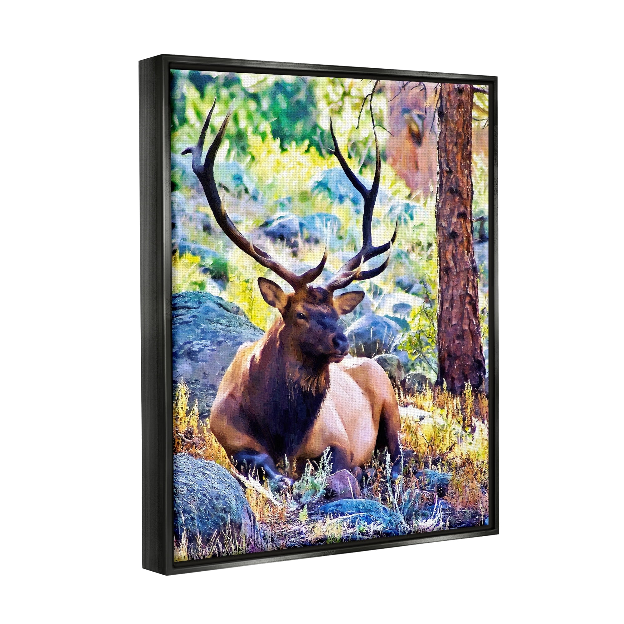 Stupell Industries Stag Deer Resting Amid Forest Trees Natural Wildlife Graphic Art Jet Black Floating Framed Canvas Print Wall Art, Design by Alpenglow Workshop