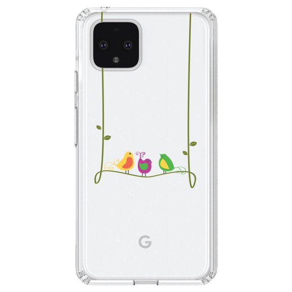 DistinctInk Clear Shockproof Hybrid Case for Google Pixel 4 (6.1" Screen) - TPU Bumper Acrylic Back Tempered Glass Screen Protector - Colorful Birds Cartoon on a Vine