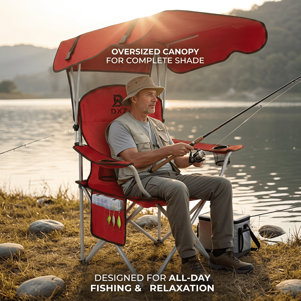 Portable Folding Outdoor Shade Camping Chair, Wide Seat with Breathable Mesh Backrest, Dual Side Cup Holders & Storage Pocket, Equipped with Carry Strap, Foldable Lightweight Lawn Chair for Beach