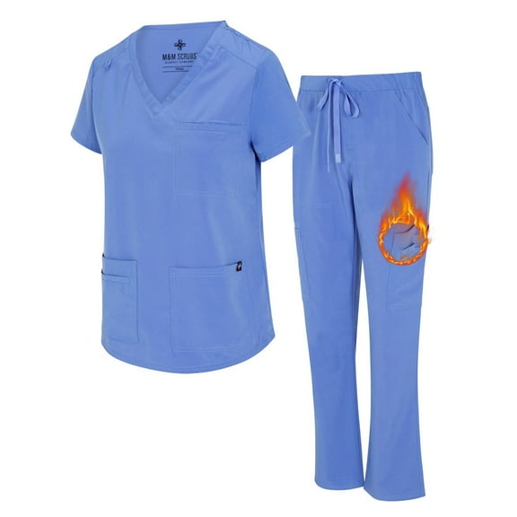 M&M SCRUBS Womens Cargo Scrub Set 11 Pocket Cool Stretch Medical Scrub Top and Pants (Ceil Blue, Medium)