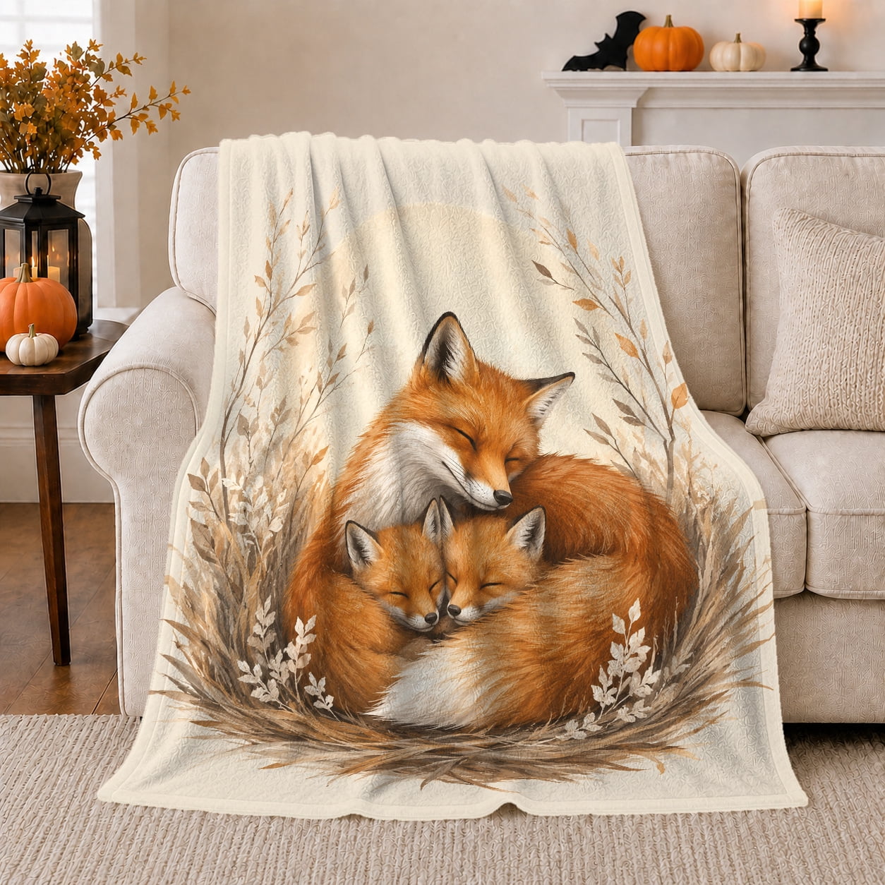 Woodland Red Fox Family Sleeping Amid Dried Foliage, Peaceful Woodland Scene, Warm Flannel Blanket for Cabin and Lodge, Wildlife Lovers Mother's Day Gift, Rustic Home Decor