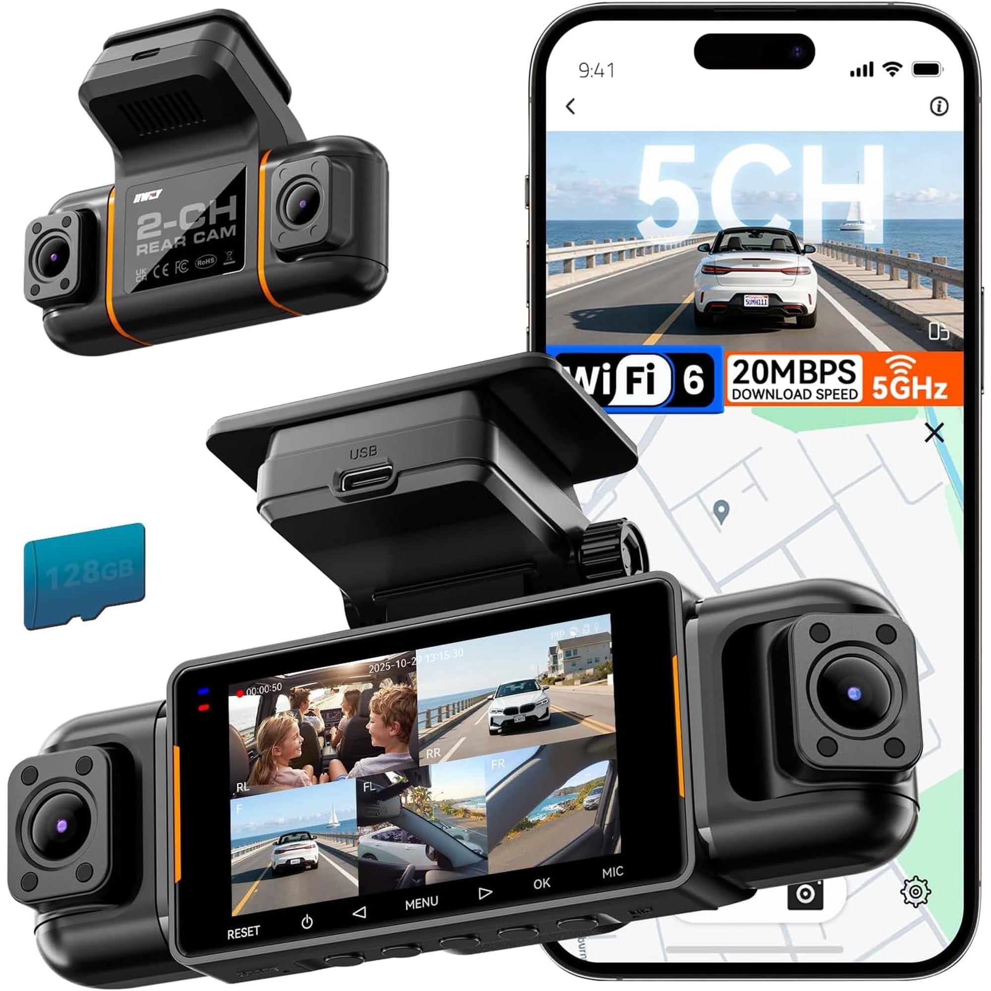 5 Channel Dash Cam for Cars, 360° View FHD 1080P Car Camera with Front Rear Left Right Inside Recording, 5.8GHz WiFi 6, GPS, 12 IR Night Vision, G-Sensor, Parking Mode, 128GB Card Included