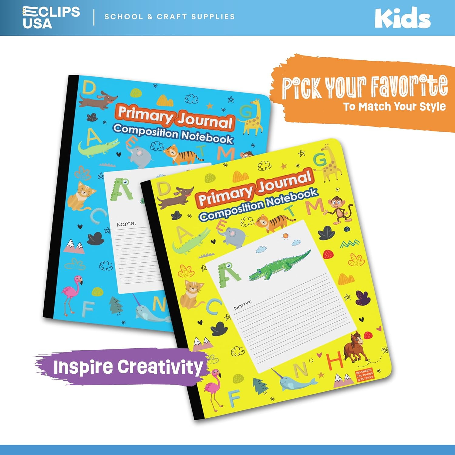 E-CLIPS USA 200-Page Composition Notebook, Animal-Themed Journal, Yellow, 12-Pack