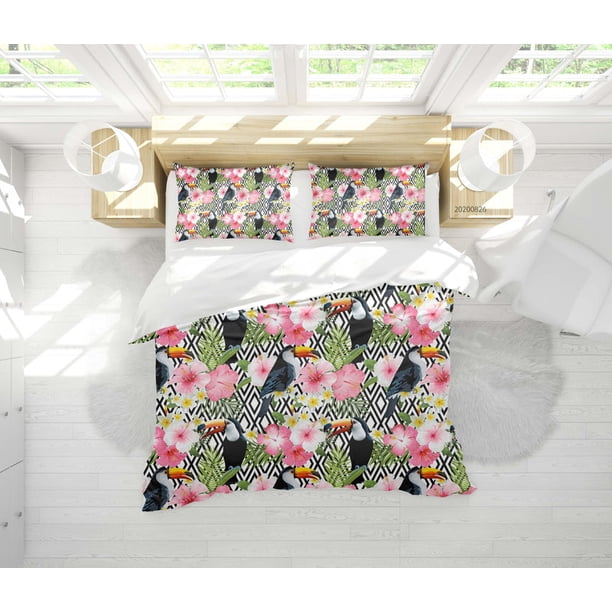 3D Flores Pájaros Patrón Funda de edredón Set Ropa de cama Set Funda de edredón Fundas de almohada Wj