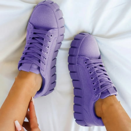 

ERTUTUYI Women s Fashion Casual Round Toe Platforms Lace Up Shoes Flat Walking Sneakers Purple 42