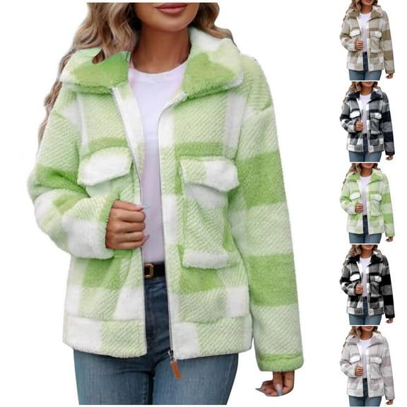 Fashion Winter Plaid Jackets for Womens Plus Size Pockets Zipper Lapel Long Sleeve Coat Jacket Blouse