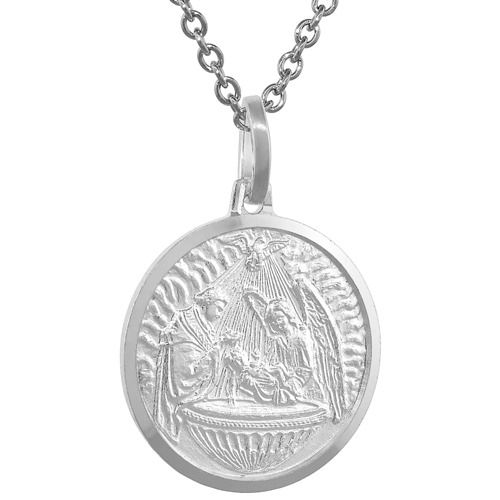 18mm Sterling Silver Baptism Medal Necklace 3/4 inch Nickel Free Italy with Stainless Steel Chain