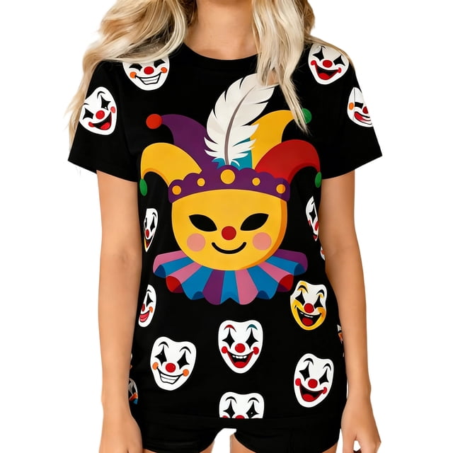 Camiseta de Manga Corta con Cuello de Tripulación de Impresión de Payaso Casual para Fiesta de Carnaval Verano Diario