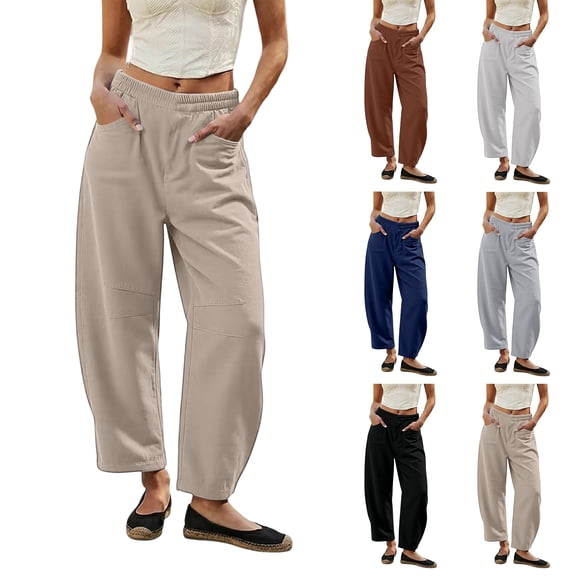 Womens Linen Barrel Pants 2026 Summer Baggy Drawstring Wide Leg Palazzo Beach Vacation Cropped Trousers with Pockets, M